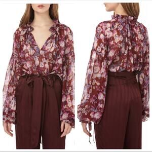 AMUR Caroline 100% Silk Chiffon Sheer Floral Print Peasant Blouse Top Size XS
